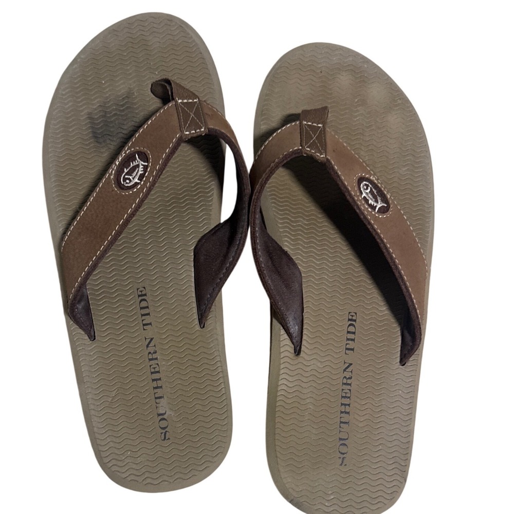 Southern Tide Mens Flipjacks Leather Flip Flops Brown Boat Sole Sandals Size 11